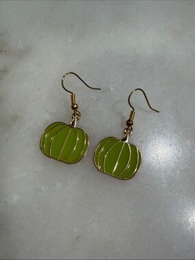 Hand Crafted Green Enamel Pumpkin Dangle Earrings Fall Novelty Jewelry